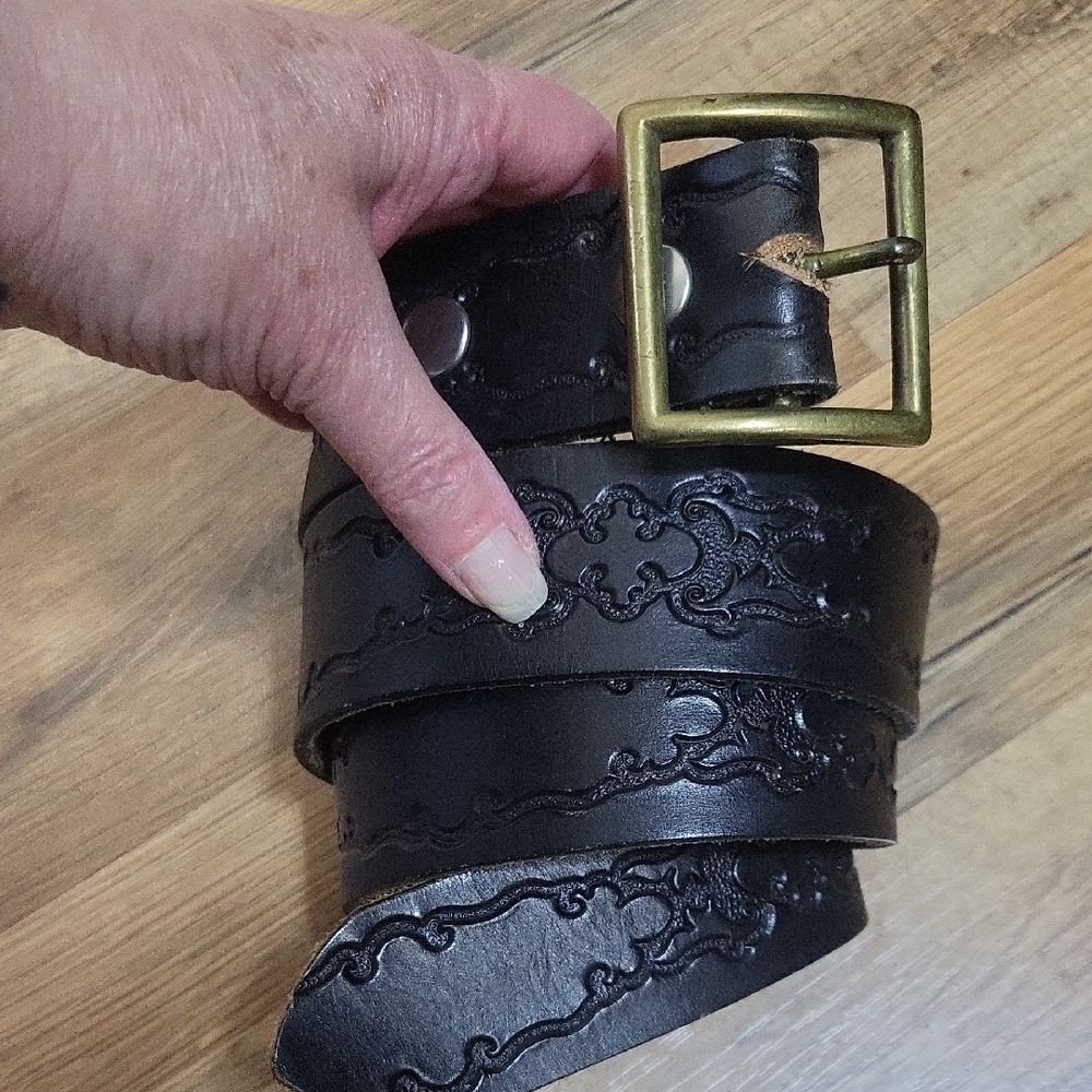 Black Brass Tooled Heavy Duty Leather Belt with Brass Buckle Fits 34"-40"